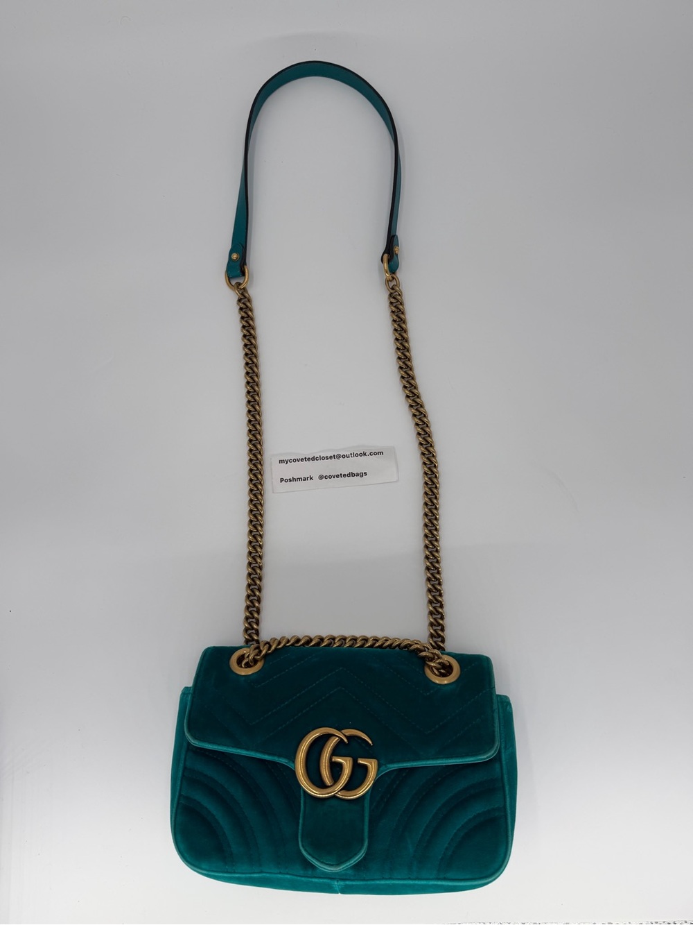 Gucci Teal Velvet GG Marmont Shoulder Bag with Gold Hardware Gorgeous!!! - Picture 7 of 14